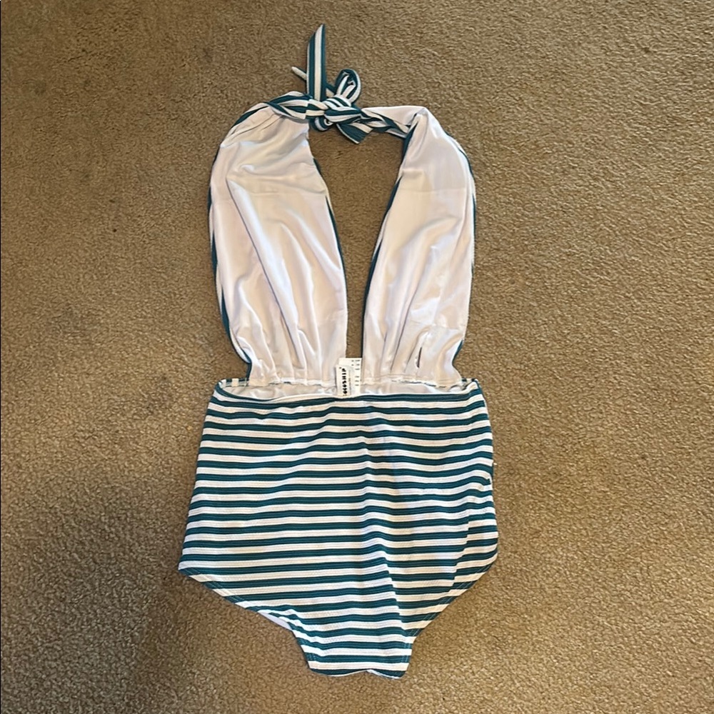 COCOSHIP Teal and White Striped One Piece Swimsuit - Picture 2 of 4